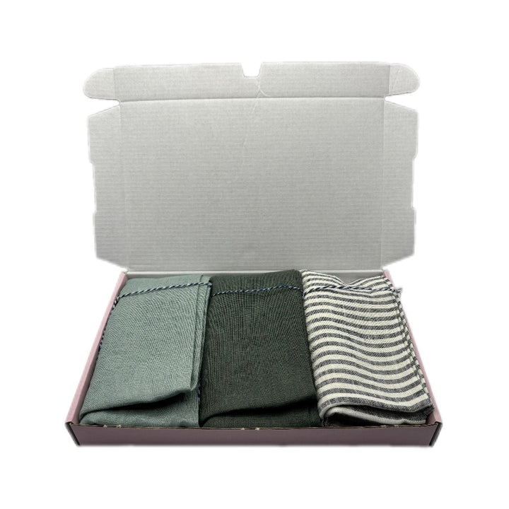Rosa Geschenkbox "Green Harmony" mit 3 Leinen Geschirrtüchern