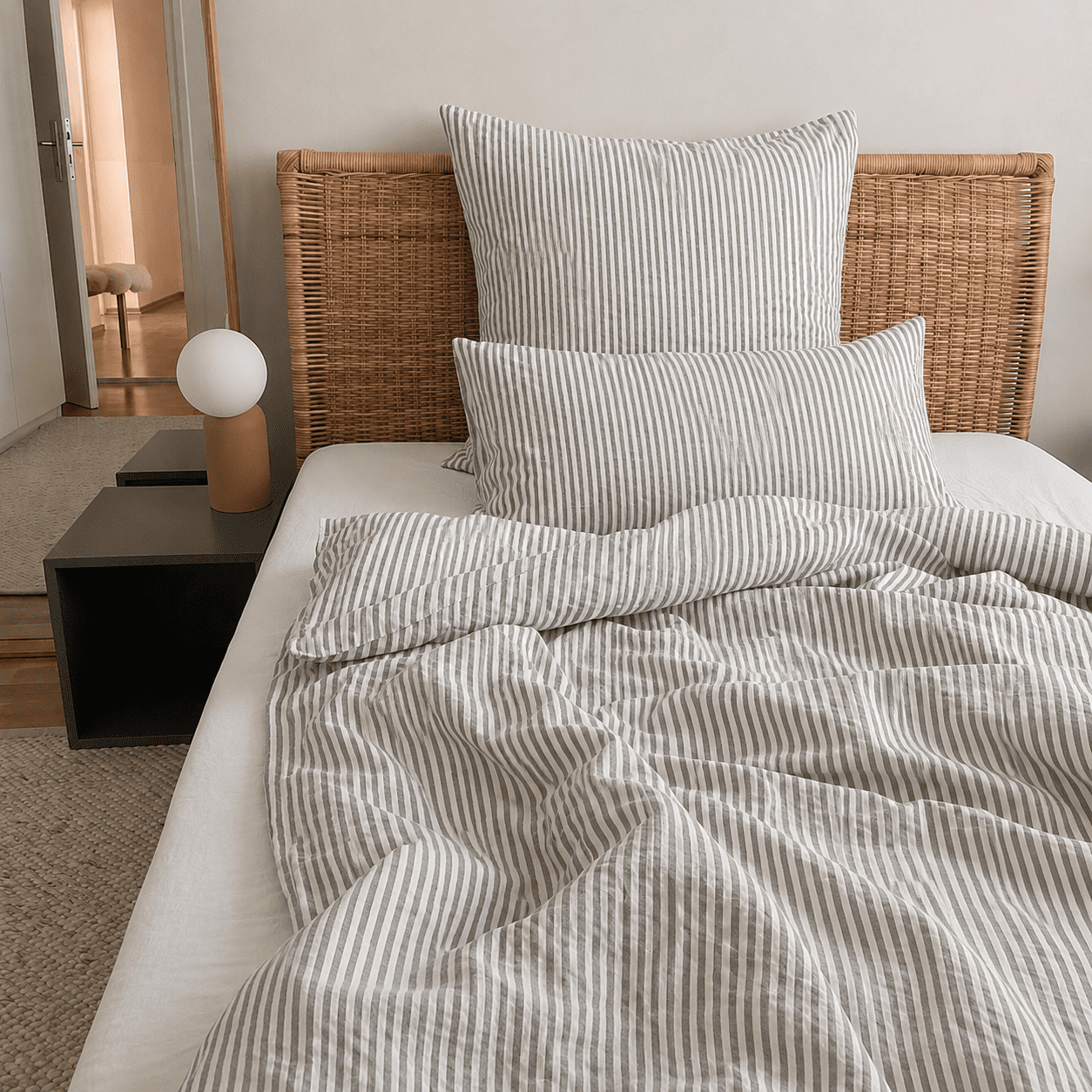 Leinenbettwäsche-Set 135x200 und 155x200cm, RUNA, schwarz gestreift