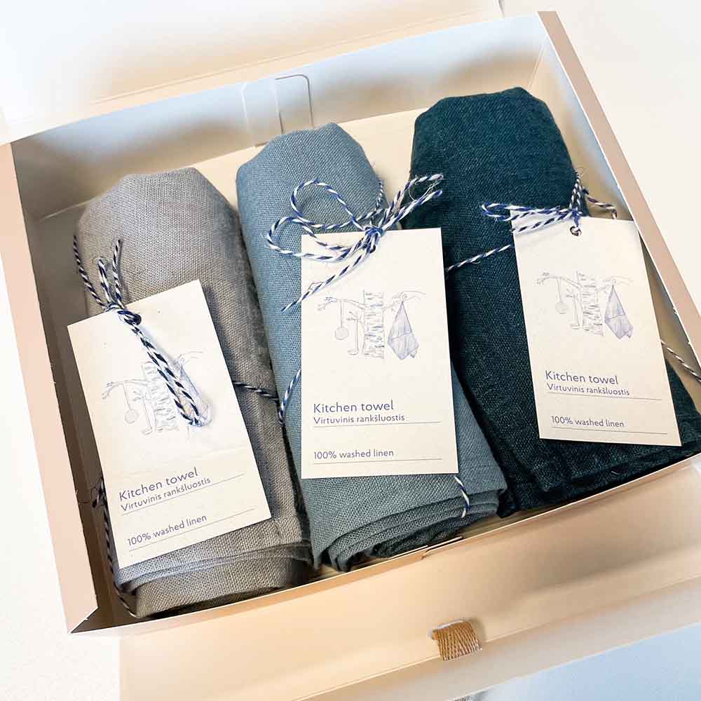 Geschenkbox 3er Set Leinen Geschirrtücher Blue Linen Tales nordery