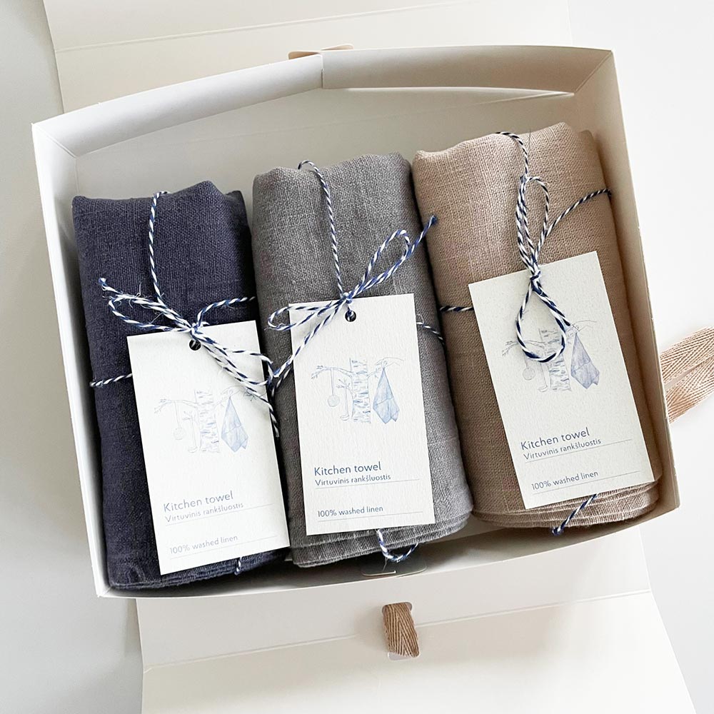 Linen Tales Geschenkbox Leinen Geschirrtücher 3er Set Graphite Shades nordery