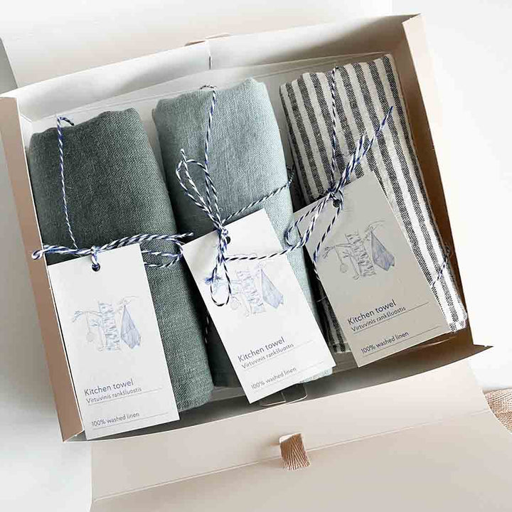 Geschenkbox 3er Set Leinen Geschirrtücher Green Harmony Linen Tales nordery