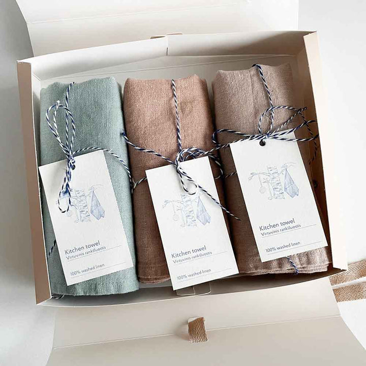 Geschenkbox 3er Set Leinen Geschirrtücher Pastell Linen Tales nordery