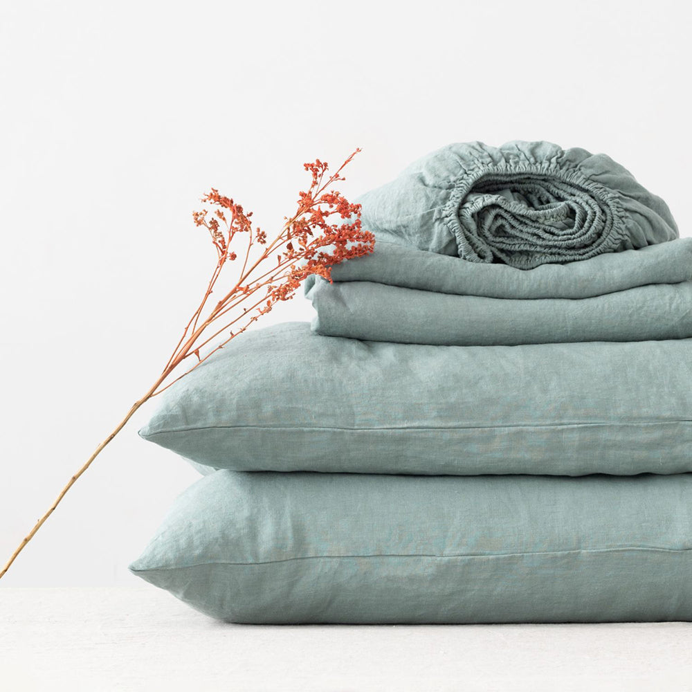 Linen Tales Leinen Kopfkissenbezug Green Milieu graugruen nordery